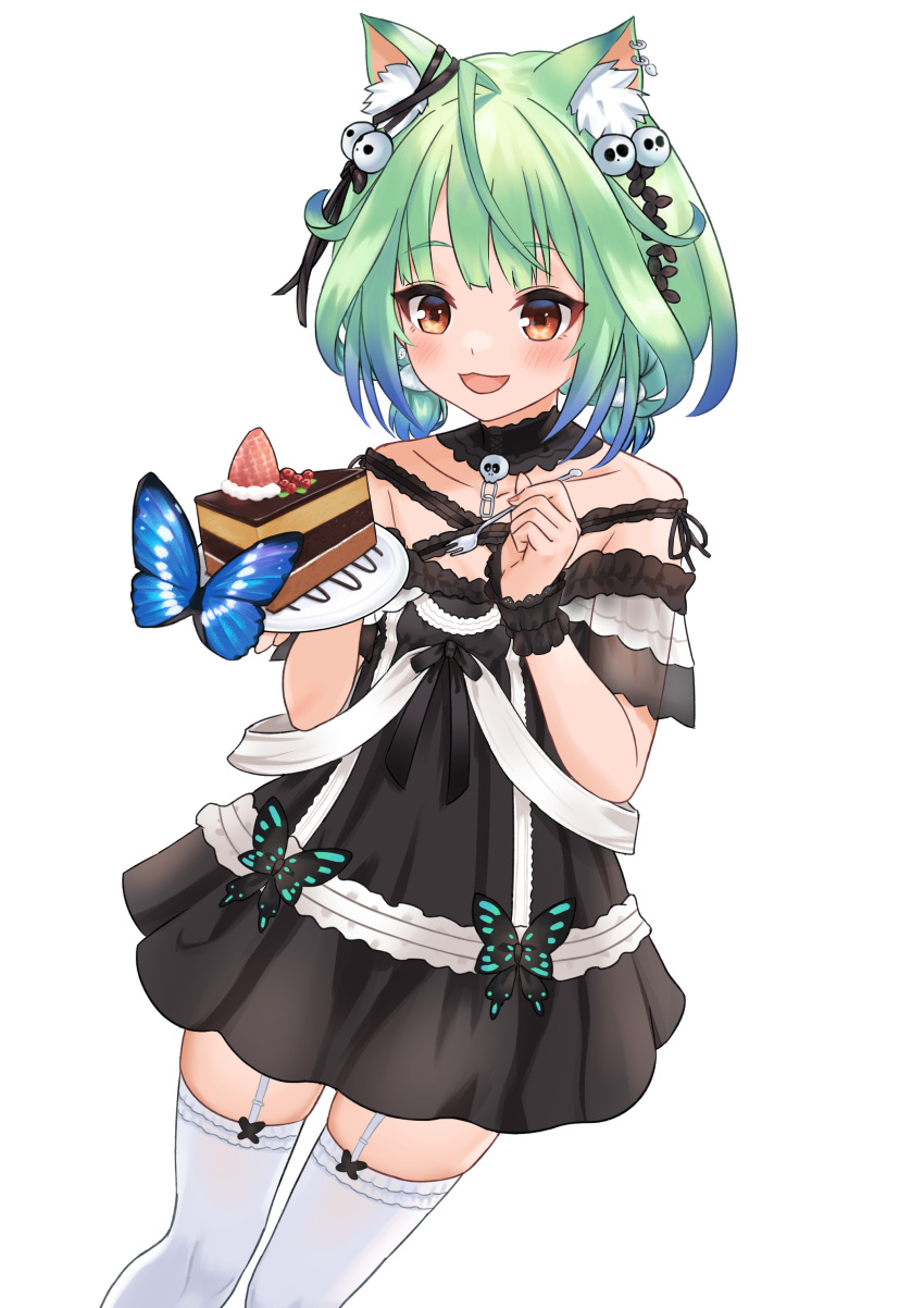 1girl :3 :d absurdres ahoge animal_ear_fluff animal_ears bangs black_choker black_dress blue_hair blush bug butterfly cake cake_slice cat_ears cat_girl choker cowboy_shot dress dress_bow ear_piercing flat_chest food frilled_dress frilled_legwear frilled_straps frills garter_straps gothic_lolita gradient_hair green_hair hair_ornament highres hololive insect jiu_fanglianhua lace lace_choker lolita_fashion looking_at_food low_twintails multicolored_hair off-shoulder_dress off_shoulder open_mouth piercing pom_pom_(clothes) red_eyes see-through_sleeves short_dress short_hair short_sleeves short_twintails simple_background skull_hair_ornament smile solo thigh-highs twintails uruha_rushia virtual_youtuber white_background white_garter_straps white_legwear wristband zettai_ryouiki