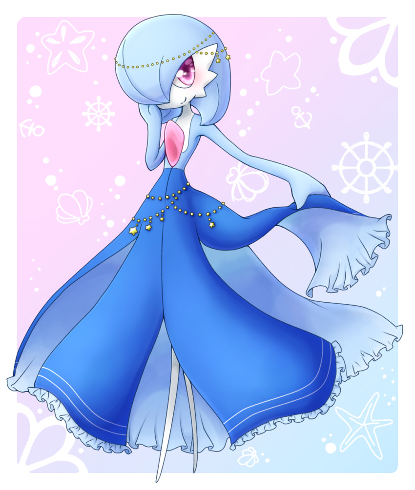 Safebooru - 1girl alternate color alternate eye color blue dress blue hair  blush border commentary request dress frilled dress frills full body  gardevoir gen 3 pokemon gradient gradient background hair over one