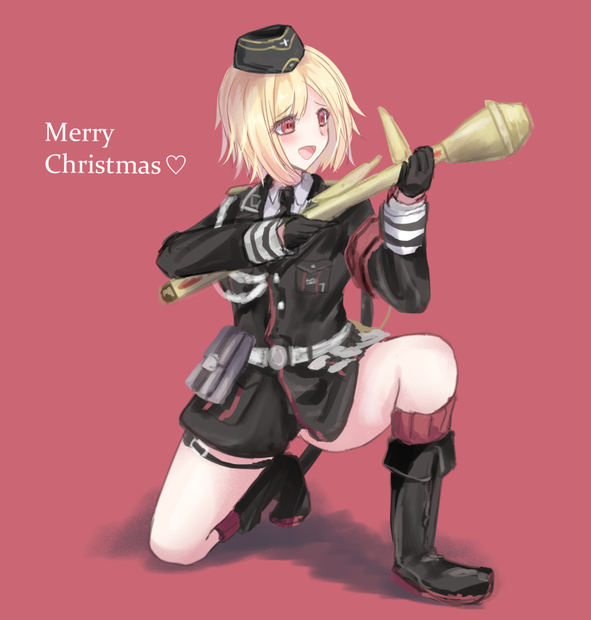 1girl absurdres black_footwear black_gloves black_headwear black_jacket black_neckwear blonde_hair blush boots english_text eyebrows_visible_through_hair girls_frontline gloves hat heart heart_print highres holding holding_weapon holster jacket looking_away martinreaction merry_christmas military military_hat military_jacket military_uniform mp40_(girls_frontline) necktie open_mouth panzerfaust purple_background shirt short_hair sitting smile solo uniform violet_eyes weapon white_shirt