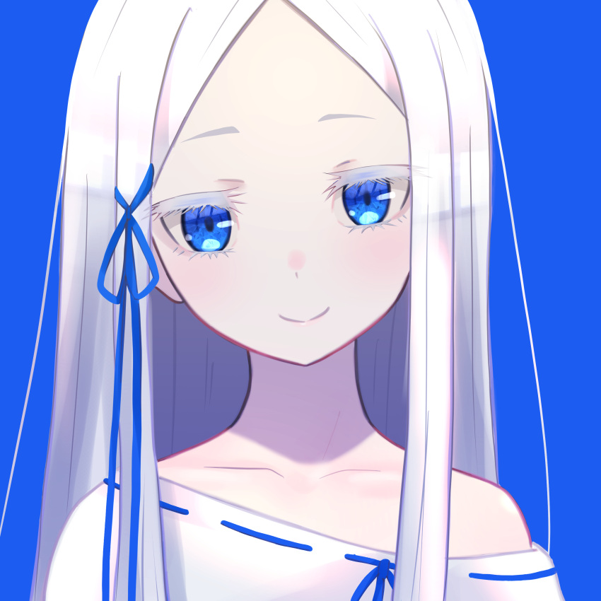 1girl absurdres bare_shoulders blue_background blue_eyes blue_ribbon camui1104 closed_mouth collarbone colored_eyelashes facing_viewer highres long_hair looking_at_viewer off_shoulder pandora_(re:zero) portrait re:zero_kara_hajimeru_isekai_seikatsu revision ribbon ribbon-trimmed_clothes ribbon_trim silver_hair simple_background smile solo white_eyelashes