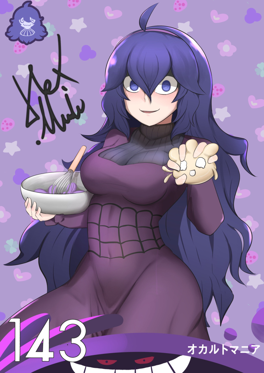 1girl ahoge alternate_breast_size bowl breasts card_(medium) character_name character_signature dress gen_1_pokemon gen_8_pokemon gengar hair_between_eyes hairband heart hex_maniac_(pokemon) highres holding holding_bowl john_(a2556349) long_hair medium_breasts milcery mixing_bowl parted_lips pokemon pokemon_(creature) pokemon_(game) pokemon_xy purple_dress purple_hair purple_hairband smile spiral_eyes star_(symbol) turtleneck violet_eyes waving wavy_eyes whisk