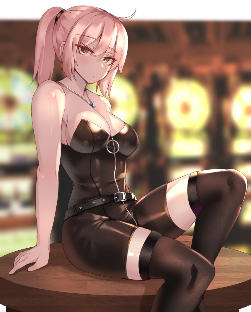 1girl absurdres alternate_costume arm_support bangs bare_shoulders belt black_belt black_bodysuit black_legwear bodysuit boots breasts clyde_s eyebrows_visible_through_hair fate/grand_order fate_(series) full-length_zipper hair_between_eyes half-closed_eyes highres huge_filesize indoors jewelry large_breasts latex long_hair looking_at_viewer necklace okita_souji_(fate) okita_souji_(fate)_(all) pink_hair ponytail sitting sitting_on_table solo strapless table thigh-highs thigh_boots unitard yellow_eyes zipper zipper_pull_tab