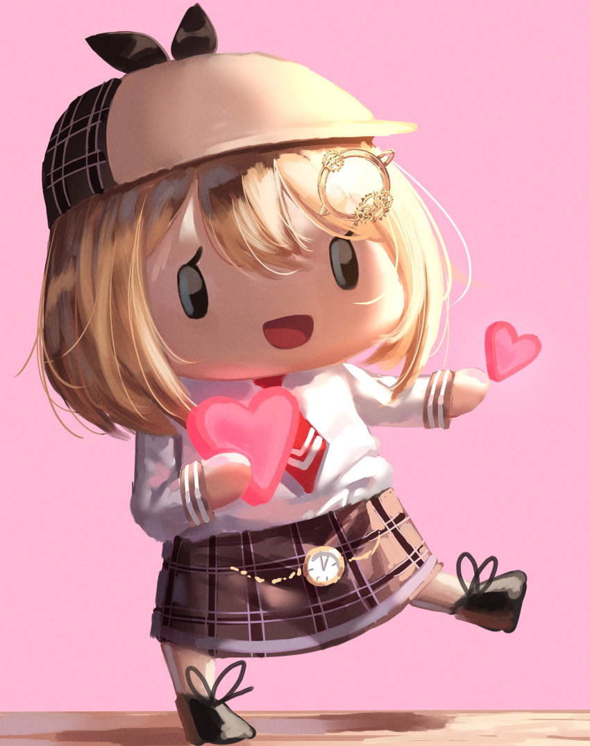 1girl :d =d absurdres blonde_hair chibi dayshiart deerstalker hair_ornament hat heart highres hololive hololive_english monocle_hair_ornament necktie open_mouth pink_hair plaid plaid_skirt pocket_watch simple_background skirt smile solo valentine virtual_youtuber walfie_(style) watch watson_amelia