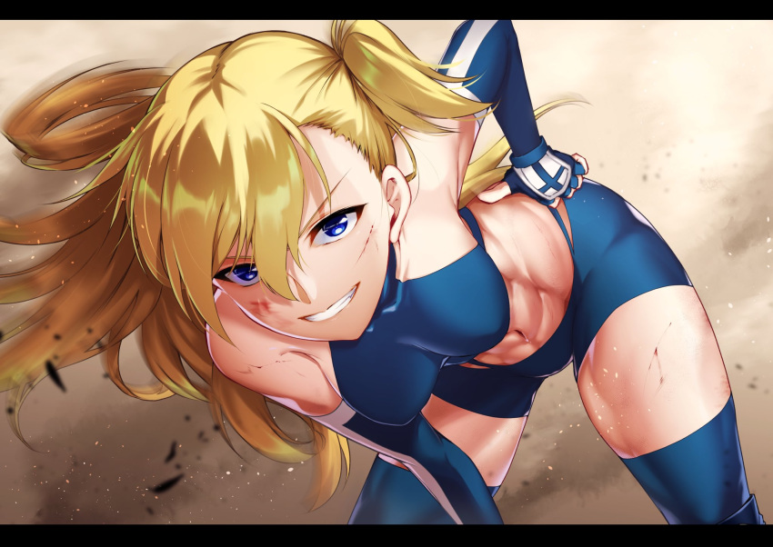 1girl bangs bent_over bike_shorts black_border blonde_hair blue_eyes blue_gloves blue_legwear blue_shorts border breasts breasts_apart bruise bruise_on_face character_request collarbone elbow_gloves fingerless_gloves floating_hair gloves grin hair_between_eyes highres injury letterboxed long_hair looking_at_viewer medium_breasts midriff navel one_side_up short_shorts shorts smile solo stomach thigh-highs yashirogi_suzuna zettai_ryouiki