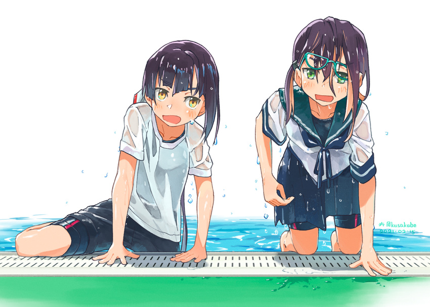 2girls all_fours alternate_costume bike_shorts black_hair black_shorts blue-framed_eyewear blue_sailor_collar blue_skirt cosplay fubuki_(kancolle) fubuki_(kancolle)_(cosplay) fujinami_(kancolle) glasses green_eyes hair_ribbon kantai_collection kusakabe_(kusakabeworks) long_hair looking_at_viewer multicolored_hair multiple_girls okinami_(kancolle) open_mouth pink_hair pleated_skirt poolside ribbon sailor_collar school_uniform serafuku shirt short_hair shorts shorts_under_shorts shorts_under_skirt simple_background skirt t-shirt water wet wet_clothes white_background white_ribbon white_shirt yellow_eyes