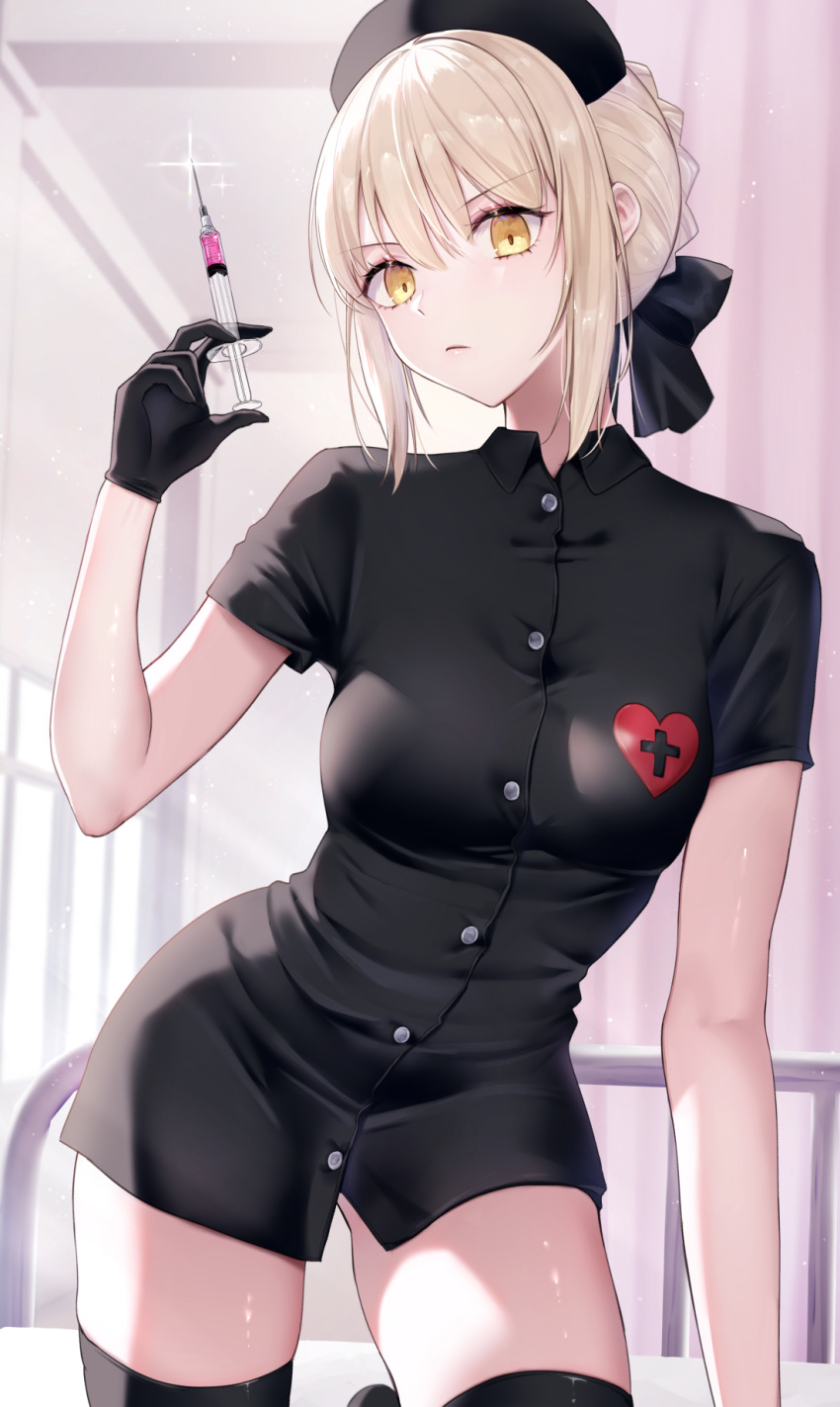 1girl artoria_pendragon_(all) bed bed_frame black_bow black_dress black_gloves black_legwear blonde_hair bow breasts closed_mouth collared_dress dress fate/grand_order fate_(series) glint gloves hair_bow hat heart highres holding holding_syringe indoors infirmary looking_at_viewer medium_breasts meltymaple nurse nurse_cap saber_alter short_dress short_hair short_sleeves sidelocks solo syringe thigh-highs yellow_eyes zettai_ryouiki
