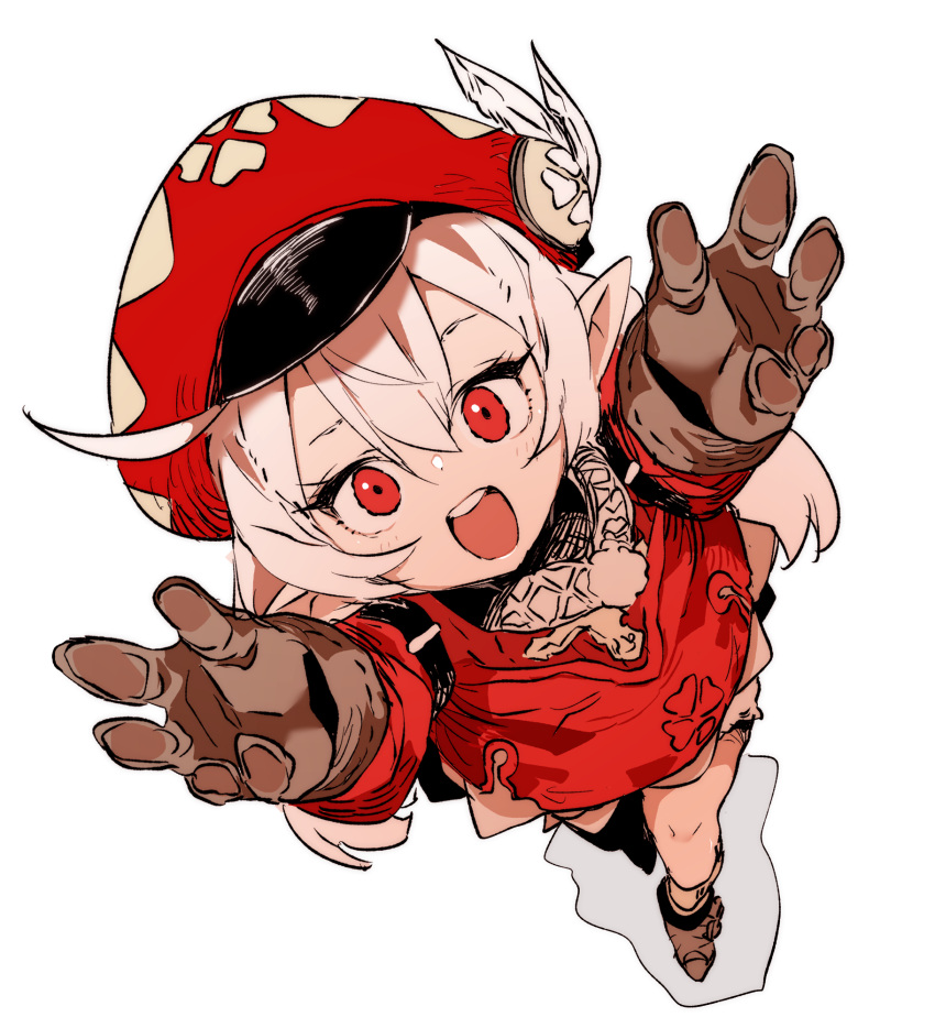 1girl :d ahoge brown_footwear brown_gloves ddari dot_nose from_above full_body genshin_impact gloves hands_up hat hat_feather highres jacket klee_(genshin_impact) long_sleeves looking_at_viewer open_mouth outstretched_arm peaked_cap pointy_ears red_eyes red_headwear red_jacket round_teeth shoes simple_background smile solo teeth upper_teeth white_background white_hair