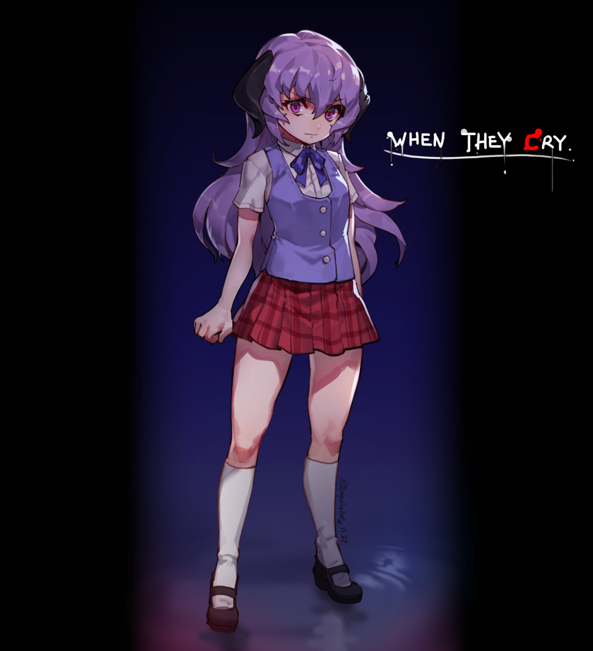 1girl absurdres bangs breasts clenched_hand copyright_name hanyuu highres higurashi_no_naku_koro_ni horns long_hair mar10 plaid plaid_skirt purple_hair red_skirt school_uniform skirt small_breasts socks solo standing white_legwear