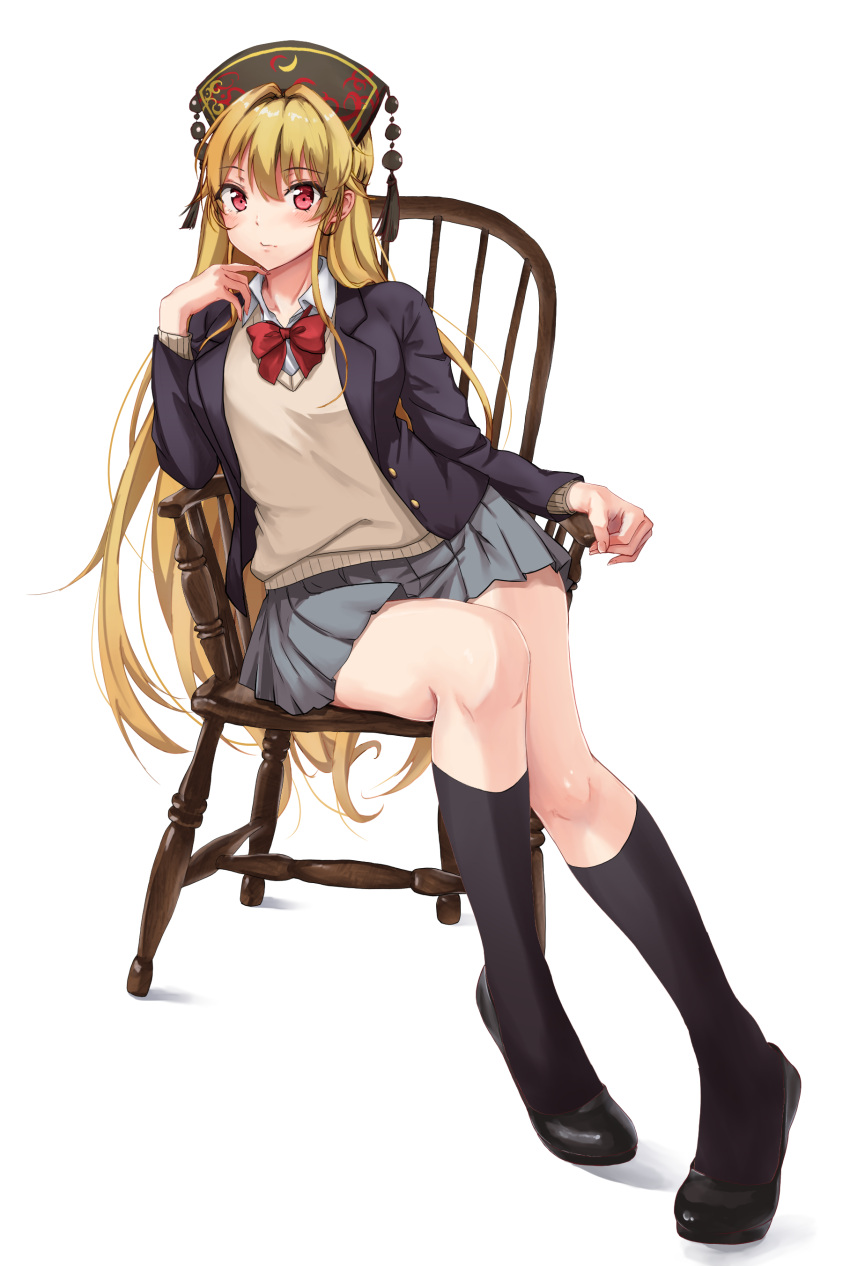 1girl absurdres alternate_costume amagi_(amagi626) black_footwear black_legwear blazer blonde_hair bow bowtie chair commentary_request contemporary crescent grey_skirt hat highres jacket junko_(touhou) kneehighs long_hair miniskirt pleated_skirt red_eyes red_neckwear reward_available school_uniform shoes simple_background sitting skirt solo sweater tassel touhou uniform very_long_hair white_background
