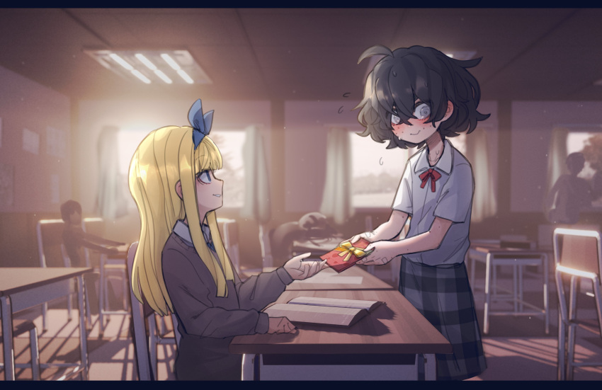 2girls 3others bandaid bandaid_on_hand blind blind_girl_(popopoka) blonde_hair blue_eyes blush book bow bowtie box bully_girl_(popopoka) chair classroom collared_shirt desk ear_blush english_commentary flying_sweatdrops freckles from_side gift gift_box giving grey_eyes highres long_hair looking_at_another looking_away multiple_girls multiple_others nervous original popopoka school_uniform shirt sitting sweat valentine yellow_bow yuri