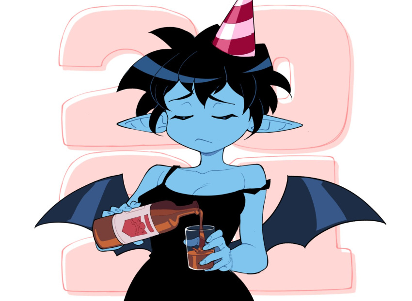 1girl 2021 bangs bare_shoulders bat_wings black_hair blue_skin bottle breasts closed_eyes closed_mouth collarbone colored_skin commentary cup drinking_glass english_commentary glass hat highres holding holding_bottle holding_cup medium_breasts original party_hat pointy_ears sad short_hair solo suoiresnu upper_body wings