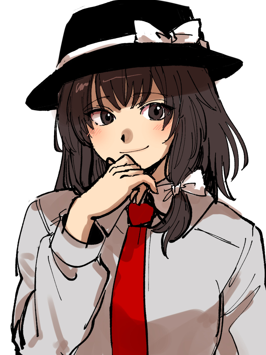 1girl bangs bow breasts brown_eyes brown_hair closed_mouth eyebrows_visible_through_hair fedora hair_bow hair_ribbon hand_on_own_chin hat highres kuya_(hey36253625) long_sleeves looking_at_viewer medium_breasts medium_hair necktie red_neckwear ribbon shirt simple_background smile solo touhou tress_ribbon upper_body usami_renko white_background white_bow white_shirt