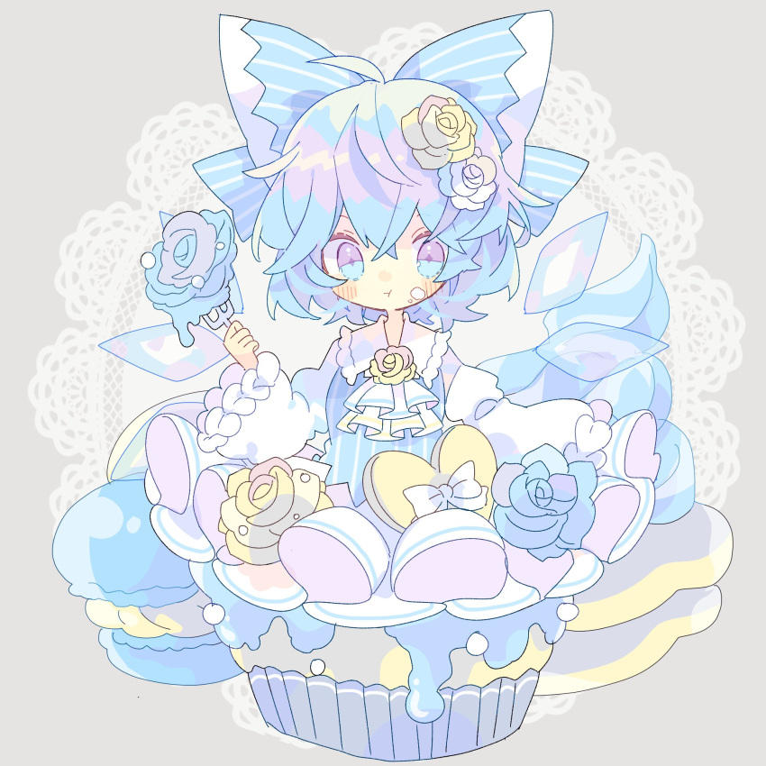 1girl :t blue_bow blue_eyes blue_hair blush bow cirno commentary_request cravat cupcake detached_wings diamond-shaped_pupils diamond_(shape) doily flower food food_on_face fork grey_background hair_bow hair_flower hair_ornament heart highres holding holding_fork ice_cream icing in_food long_sleeves looking_at_viewer macaron nikorashi-ka rose short_hair solo sweets symbol-shaped_pupils touhou upper_body white_bow white_neckwear wide_sleeves wings