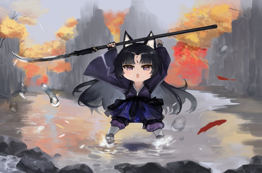 1girl animal_ear_fluff animal_ears arknights arms_up bangs black_gloves black_hair blue_skirt chestnut_mouth chibi commentary_request dokomon facial_mark fingerless_gloves forehead_mark gloves highres holding holding_polearm holding_weapon japanese_clothes kimono korean_commentary long_hair naginata open_mouth parted_bangs pleated_skirt polearm purple_kimono saga_(arknights) skirt solo standing very_long_hair violet_eyes water water_drop weapon