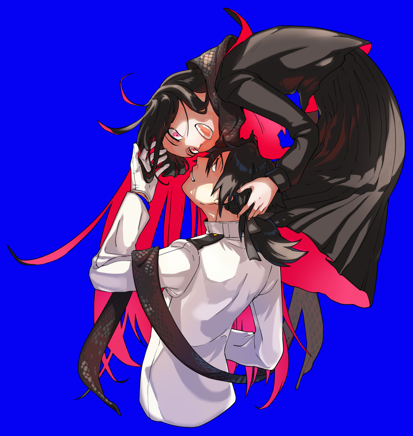 1boy 1girl absurdres bangs black_eyes black_hair black_shirt black_skirt blue_background cropped_torso eye_contact fangs fate/grand_order fate_(series) fingernails gloves grey_ribbon grey_scarf hair_between_eyes hair_ribbon hand_in_another's_hair hand_up highres koha-ace long_hair long_sleeves looking_at_another military military_uniform nichi_(hibi_suimin) open_mouth oryou_(fate) pink_eyes pleated_skirt ponytail ribbon sakamoto_ryouma_(fate) scarf shirt simple_background skirt smile uniform very_long_hair white_gloves