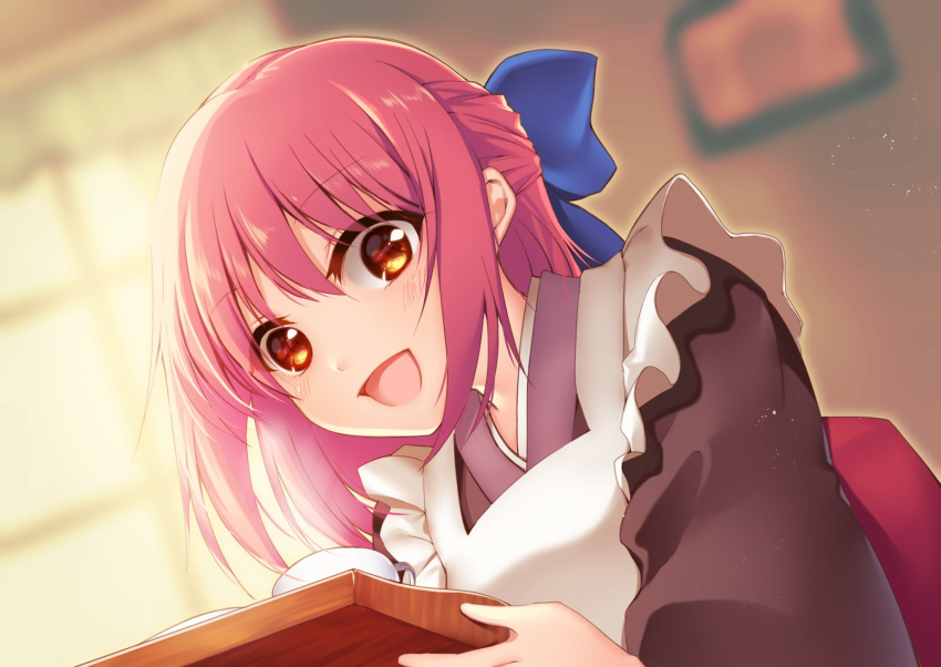 1girl :d apron bangs black_kimono blue_bow blurry blurry_background blush bow eyebrows_visible_through_hair hair_between_eyes hair_bow highres indoors japanese_clothes kimono kohaku_(tsukihime) maid medium_hair open_mouth orange_eyes redhead shiny shiny_hair smile solo tsukihime upper_body white_apron yashirogi_suzuna