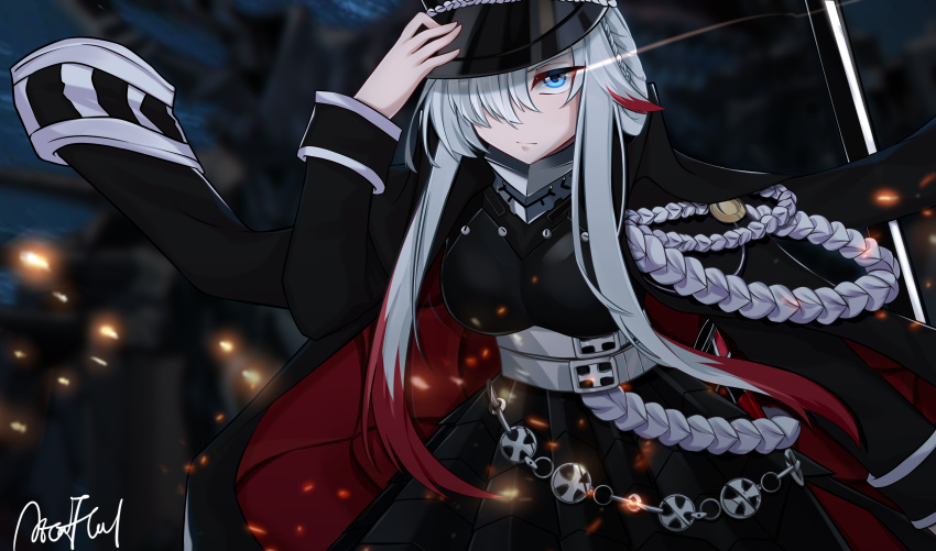 1girl absurdres armor armored_skirt arnold_fland azur_lane black_coat black_headwear black_skirt blue_eyes breastplate coat coat_on_shoulders hair_over_one_eye hat highres iron_cross military_hat multicolored_hair odin_(azur_lane) open_clothes open_coat padded_coat peaked_cap redhead short_hair_with_long_locks signature skirt streaked_hair two-tone_hair white_hair