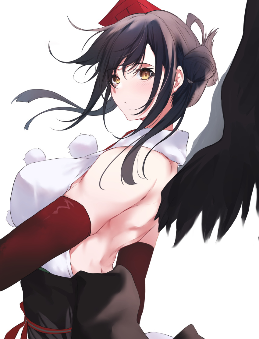1girl backless_outfit bangs bare_back bare_shoulders black_hair black_wings blush breasts closed_mouth detached_sleeves dress from_side fur hair_bun hair_strand highres large_breasts long_sleeves looking_at_viewer looking_to_the_side medium_hair multicolored multicolored_clothes multicolored_dress nijisanji red_headwear red_sash red_sleeves sash sidelocks sleeveless solo standing upper_body virtual_youtuber white_background wings yamagami_karuta yellow_eyes yuki_maccha_(yukimattya10)
