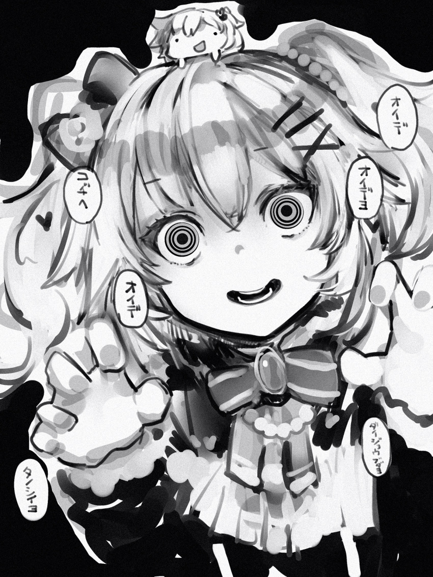 1girl :d akai_haato bow bowtie brooch chibi chibi_on_head crazy_eyes crazy_smile dark_persona dress dual_persona greyscale hair_ornament hairclip hands_up head_tilt highres hololive jewelry long_sleeves looking_at_viewer monochrome nanashi_(nlo) on_head open_mouth ringed_eyes smile solo two_side_up wide-eyed x_hair_ornament