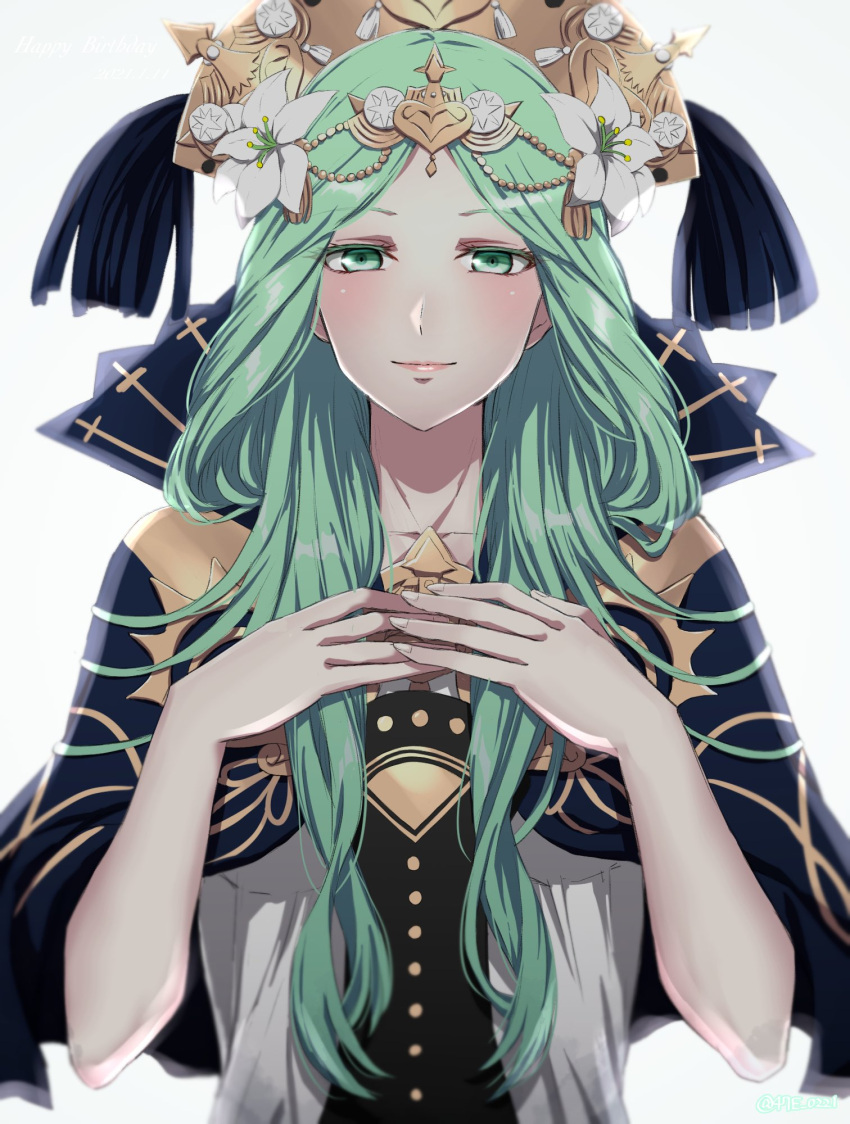 1girl blue_capelet blush capelet closed_mouth collarbone fire_emblem fire_emblem:_three_houses flower green_eyes green_hair hair_flower hair_ornament half-closed_eyes highres long_hair looking_at_viewer rhea_(fire_emblem) shinae shiny shiny_hair smile solo upper_body white_flower