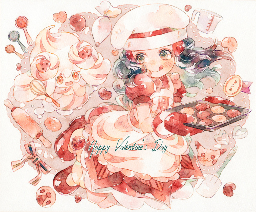 1girl :q alcremie alcremie_(strawberry_sweet) apron baking_sheet blush buttons chef_hat closed_mouth commentary hikari_(pokemon) dress eyelashes floating_hair gen_1_pokemon gen_4_pokemon gen_8_pokemon happy_valentine hat holding looking_back nose_blush oven_mitts pikachu piplup pokemon pokemon_(creature) pokemon_(game) pokemon_masters_ex red_dress red_mittens rrrpct short_sleeves smile tongue tongue_out traditional_media valentine watercolor_(medium)