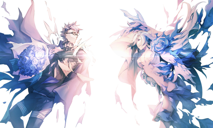 1boy 1girl absurdres black-framed_eyewear black_pants black_shirt blue_flower blue_rose bouquet brynhildr_(fate) cape closed_mouth couple cowboy_shot dissolving_clothes eye_contact fate/grand_order fate/prototype fate/prototype:_fragments_of_blue_and_silver fate_(series) flower glasses hetero highres holding holding_bouquet kashia long_hair looking_at_another pants purple_cape rose shirt sigurd_(fate) smile torn_clothes violet_eyes white_hair