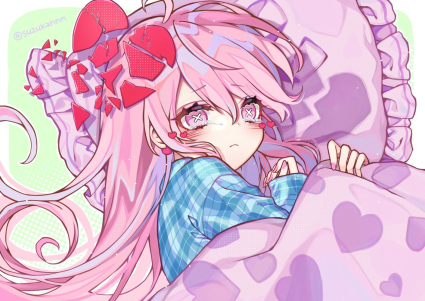 1girl ahoge aqua_shirt broken_heart commentary crying crying_with_eyes_open green_background hata_no_kokoro heart heart_print kyouda_suzuka long_hair lying on_side pillow pink_eyes pink_hair pink_nails plaid plaid_shirt shirt solo tears touhou under_covers upper_body x_x