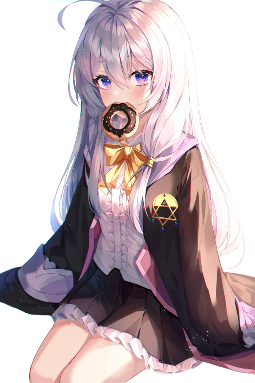 1girl ahoge black_robe black_skirt bow bowtie doughnut elaina_(majo_no_tabitabi) food highres long_hair long_sleeves looking_at_viewer majo_no_tabitabi minttchocok mouth_hold no_hat no_headwear open_clothes open_robe robe shirt simple_background sitting skirt solo violet_eyes white_background white_hair white_shirt witch yellow_neckwear