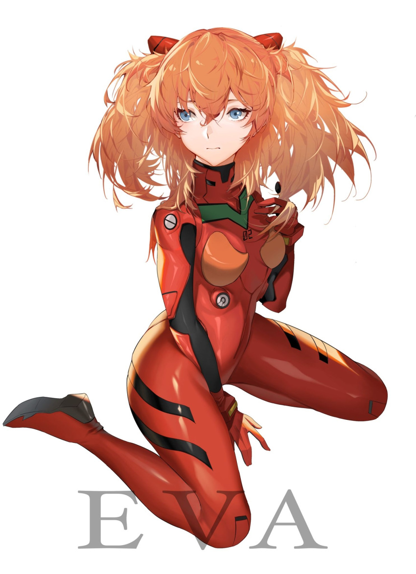 1girl alternate_hairstyle arm_between_legs bishiyuan blue_eyes copyright_name expressionless hair_between_eyes hand_on_own_chest highres interface_headset looking_to_the_side medium_hair neon_genesis_evangelion plugsuit shikinami_asuka_langley sitting solo souryuu_asuka_langley twintails wariza white_background
