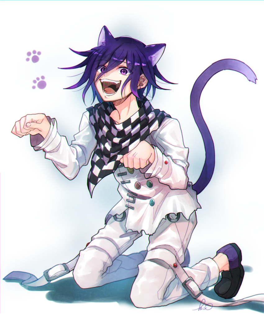 1boy :d animal_ears bangs black_footwear cat_boy cat_ears cat_tail checkered checkered_scarf commentary_request dangan_ronpa_(series) dangan_ronpa_v3:_killing_harmony double-breasted fangs full_body hair_between_eyes highres jacket kemonomimi_mode kitsunebi_v3kokonn kneeling long_neck long_sleeves looking_at_viewer male_focus open_mouth ouma_kokichi pants paw_pose paw_print_background purple_hair scarf smile solo straitjacket tail violet_eyes white_background white_jacket white_pants