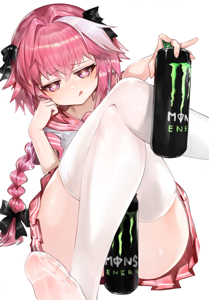1boy astolfo_(fate) astolfo_monster_cosplay_(meme) bangs bow can cheek_rest closed_mouth dokomon fate/grand_order fate_(series) hair_bow hair_intakes heart heart-shaped_pupils highres holding holding_can licking_lips long_braid long_hair looking_at_viewer male_focus monster_energy multicolored_hair otoko_no_ko pink_hair school_uniform serafuku short_sleeves simple_background solo streaked_hair symbol-shaped_pupils thigh-highs tongue tongue_out violet_eyes white_background white_hair white_legwear