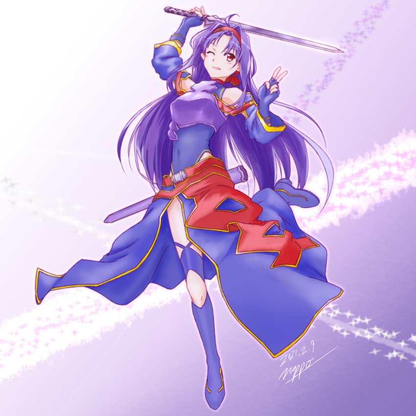 1girl ahoge armor bare_shoulders boots breastplate covered_navel dated detached_sleeves fingerless_gloves full_body gloves hairband holding holding_sword holding_weapon knee_boots long_hair no-ppo one_eye_closed purple_hair red_hairband sheath signature skirt smile solo standing standing_on_one_leg sword sword_art_online v weapon yuuki_(sao)
