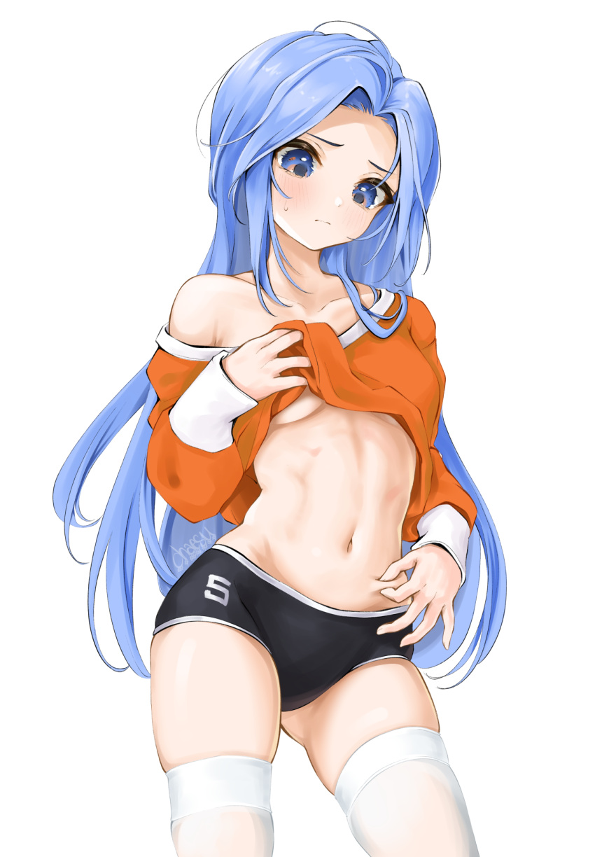 1girl ass_visible_through_thighs bare_shoulders black_buruma blue_eyes blue_hair breasts buruma chaesu closed_mouth collarbone contrapposto cowboy_shot crop_top frown highres lifted_by_self long_hair looking_at_viewer medium_breasts midriff minah_(chaesu) navel off_shoulder orange_shirt original plump shirt shirt_lift simple_background solo standing stomach thigh-highs thighs under_boob white_background white_legwear
