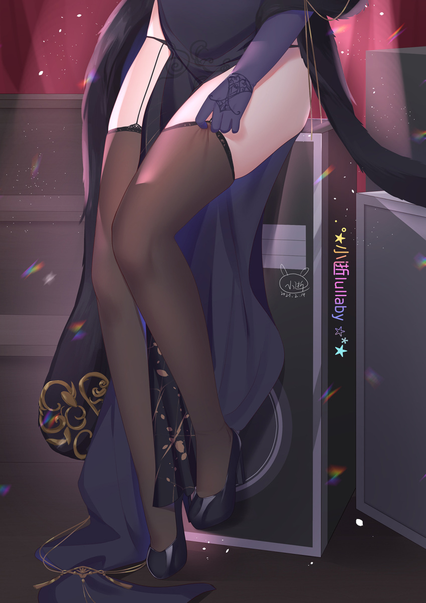 1girl ass azur_lane black_footwear black_legwear black_panties cheshire_(azur_lane) cheshire_(cait_sith_crooner)_(azur_lane) china_dress chinese_clothes chinese_commentary commentary_request dated dress garter_straps gloves high_heels highres lower_body panties pelvic_curtain purple_dress purple_gloves signature sitting solo speaker thigh-highs thighs underwear xiao_shi_lullaby