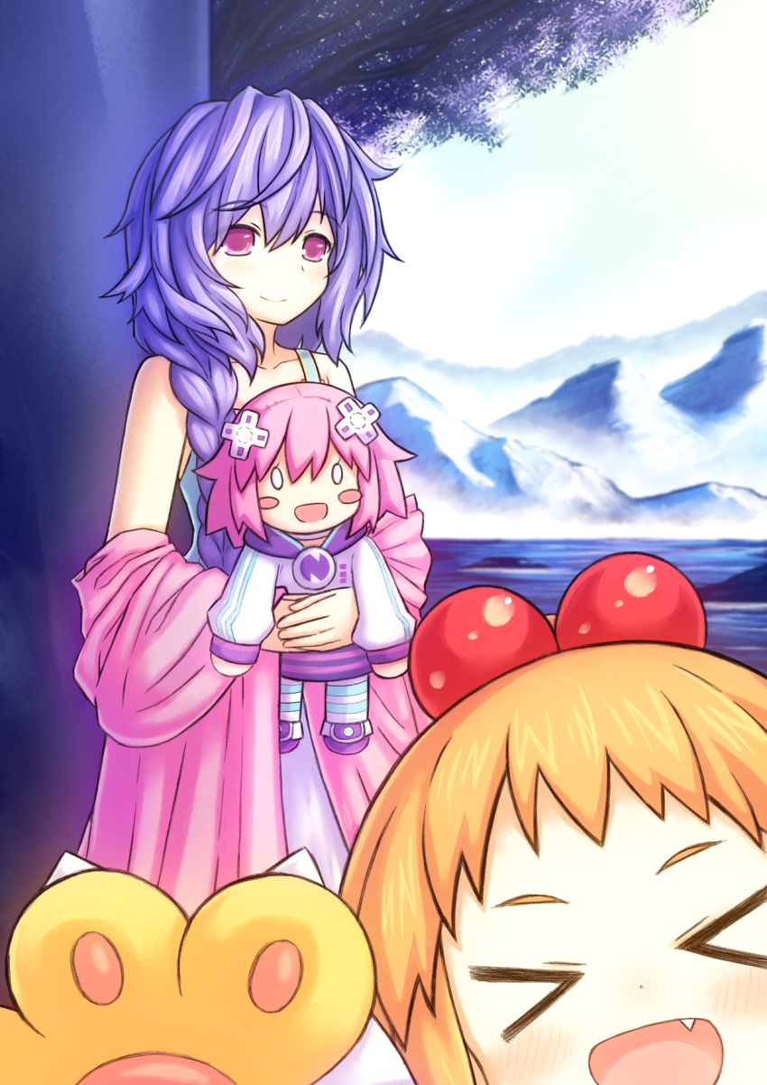 2girls bare_shoulders blonde_hair bottomless braid breasts character_doll choker eyebrows_visible_through_hair hair_between_eyes highres kami_jigen_game_neptune_v light_purple_hair long_hair looking_at_viewer mountain multiple_girls neptune_(series) novus_rue pish pururut ribbon single_braid small_breasts smile snow solo very_long_hair violet_eyes