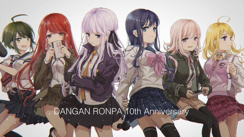 6+girls :d ahoge akamatsu_kaede anniversary arms_behind_back backpack bag bangs black_gloves black_legwear black_ribbon blonde_hair blue_eyes braid breasts brown_eyes brown_jacket brown_skirt collared_shirt commentary_request covering_mouth crossed_arms dangan_ronpa/zero dangan_ronpa:_trigger_happy_havoc dangan_ronpa_(series) dangan_ronpa_2:_goodbye_despair dangan_ronpa_v3:_killing_harmony dress_shirt eighth_note eyebrows_visible_through_hair gloves green_eyes green_jacket grey_background hair_ornament hair_ribbon hairclip handheld_game_console hands_up highres holding holding_handheld_game_console holding_megaphone holding_microphone jacket kirigiri_kyouko kuro_n314 light_brown_hair long_hair long_sleeves looking_at_viewer medium_breasts medium_hair megaphone microphone multiple_girls musical_note musical_note_hair_ornament naegi_komaru nanami_chiaki neck_ribbon necktie open_clothes open_jacket open_mouth otonashi_ryouko pink_eyes pink_ribbon pink_vest plaid plaid_skirt pleated_skirt purple_skirt red_eyes redhead revision ribbon sailor_collar school_uniform serafuku shirt short_hair side_braid single_braid skirt smile spaceship_hair_ornament sweater_vest thigh-highs translation_request two-tone_shirt vest violet_eyes white_shirt zettai_ryouiki