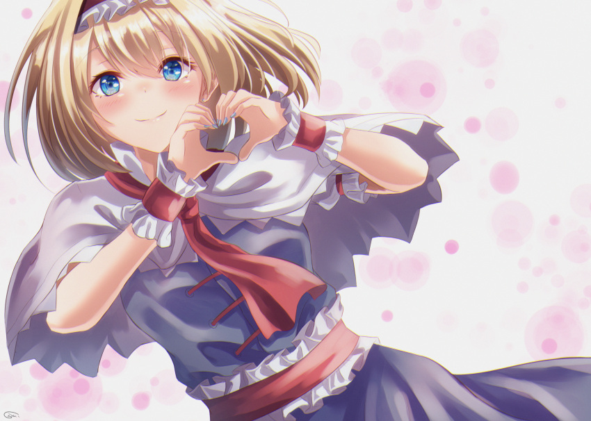 1girl absurdres alice_margatroid bangs blonde_hair blue_dress blue_eyes blue_nails blush breasts capelet closed_mouth dress eyebrows_visible_through_hair frills hairband heart heart_hands highres huge_filesize lolita_hairband looking_at_viewer medium_breasts nail_polish pink_background red_hairband red_neckwear red_sash sash shiranui_(wasuresateraito) short_hair simple_background smile solo touhou upper_body white_background white_capelet wrist_cuffs