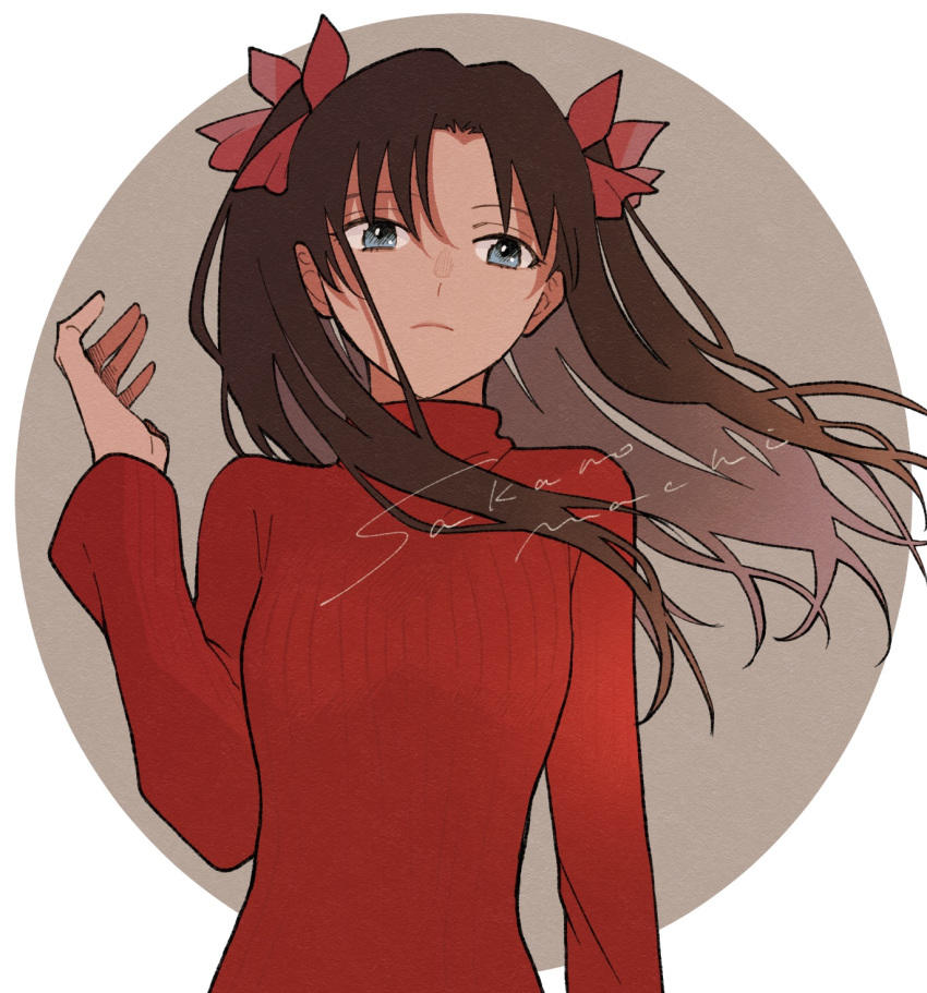 1girl artist_name bangs blue_eyes blush bow brown_hair closed_mouth commentary_request fate/stay_night fate_(series) floating_hair frown grey_background hair_bow hair_ribbon hand_up highres long_hair long_sleeves looking_at_viewer parted_bangs ribbon sakanomachico solo sweater tohsaka_rin turtleneck two_side_up upper_body white_background