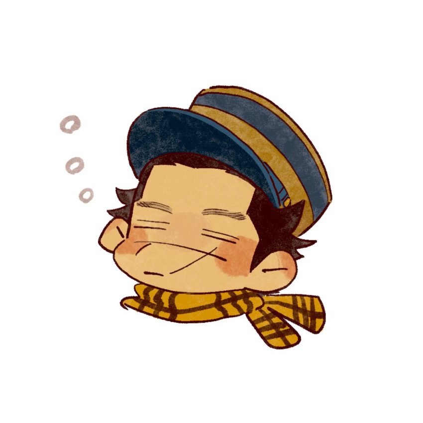 1boy black_hair blush brown_hair chibi cropped_shoulders golden_kamuy hat highres imperial_japanese_army kepi kotta_(pesan102) male_focus military_hat scar scar_on_face scar_on_nose scarf short_hair simple_background sleeping solo spiky_hair sugimoto_saichi white_background yellow_scarf