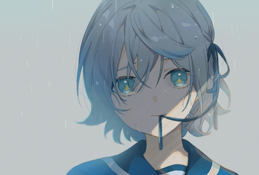 1girl aqua_eyes grey_background grey_hair hair_between_eyes hair_ribbon highres looking_at_viewer mouth_hold omutatsu original portrait ribbon shadow short_hair simple_background solo