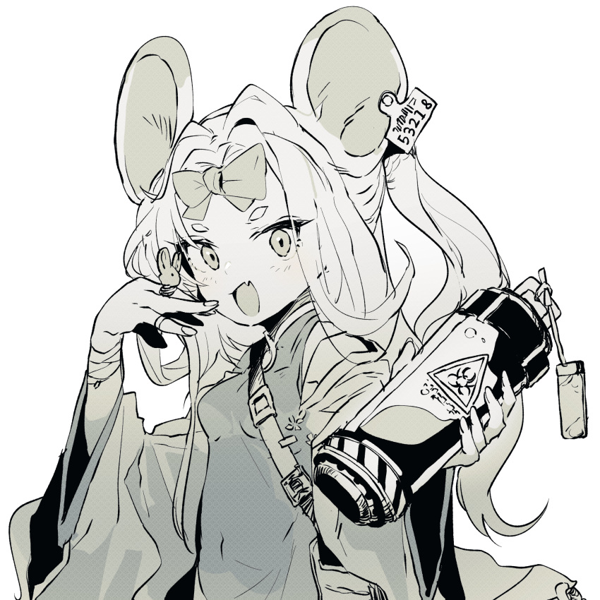 1girl :d animal_ears bag bandaged_arm bandages blue_archive bow breasts china_dress chinese_clothes ddari dress ear_tag fang fingernails greyscale hand_up highres holding jewelry long_hair looking_at_viewer monochrome mouse_ears ojou-sama_pose open_mouth radiation_symbol ring saya_(blue_archive) shoulder_bag simple_background skin_fang small_breasts smile solo white_background