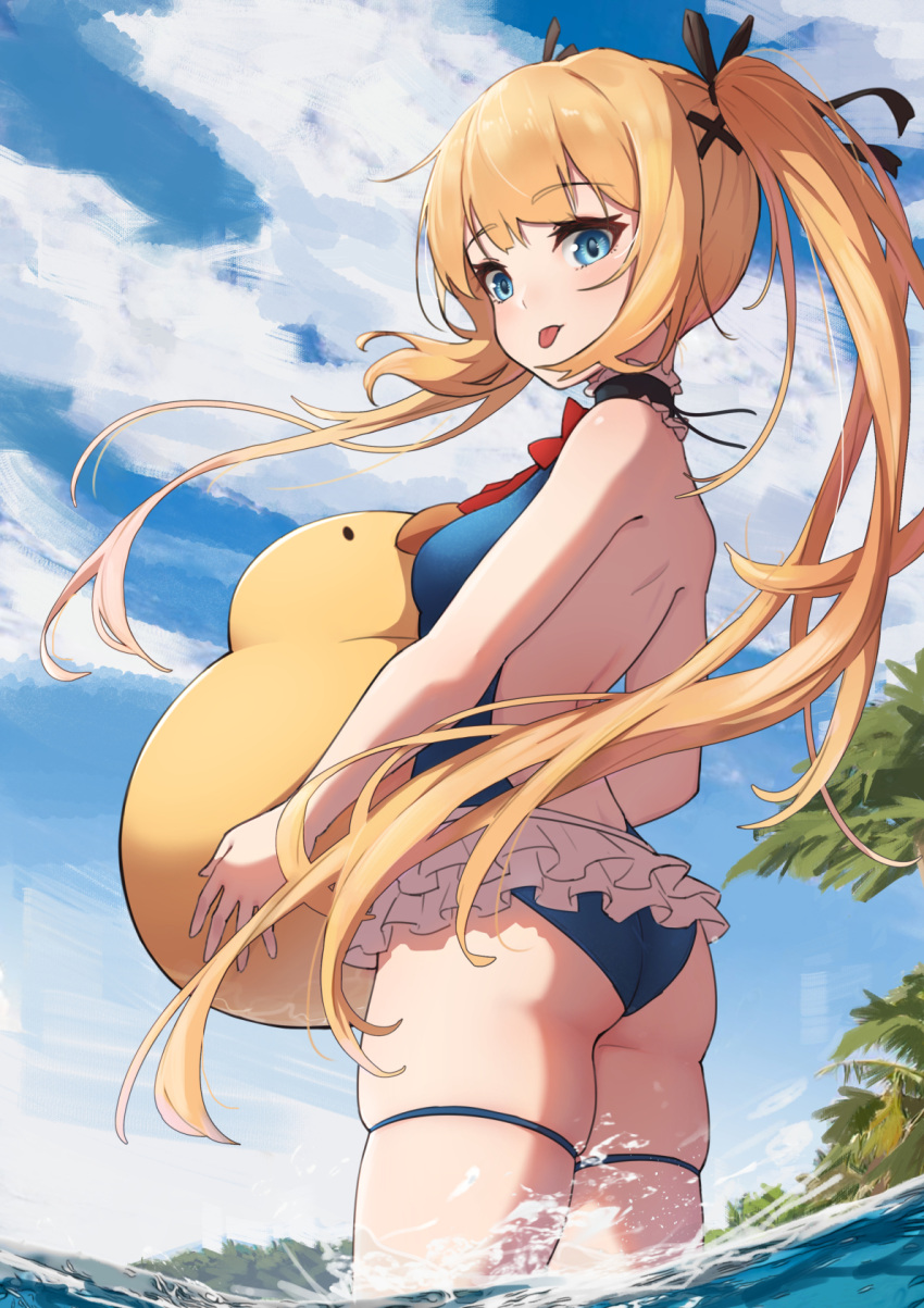 1girl ass bangs bare_back bare_shoulders black_ribbon blonde_hair blue_eyes blue_swimsuit breasts commentary_request day dead_or_alive dead_or_alive_5 elach eyebrows_visible_through_hair frills from_below from_side hair_ornament hair_ribbon highres holding long_hair looking_at_viewer marie_rose outdoors palm_tree ribbon skindentation sky smile solo swimsuit thigh_strap tongue tongue_out tree twintails wading water x_hair_ornament