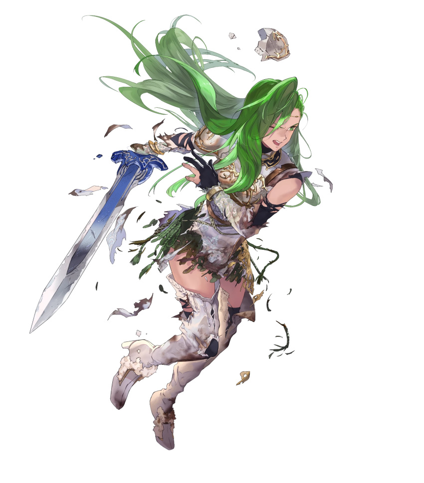 1girl annand_(fire_emblem) armor bangs belt black_gloves boots breastplate circlet dress elbow_gloves fire_emblem fire_emblem:_genealogy_of_the_holy_war fire_emblem_heroes full_body gloves green_eyes green_hair high_heels highres jewelry long_hair mayo_(becky2006) official_art shiny shiny_hair short_dress shoulder_armor simple_background sleeveless solo thigh-highs thigh_boots transparent_background white_dress zettai_ryouiki