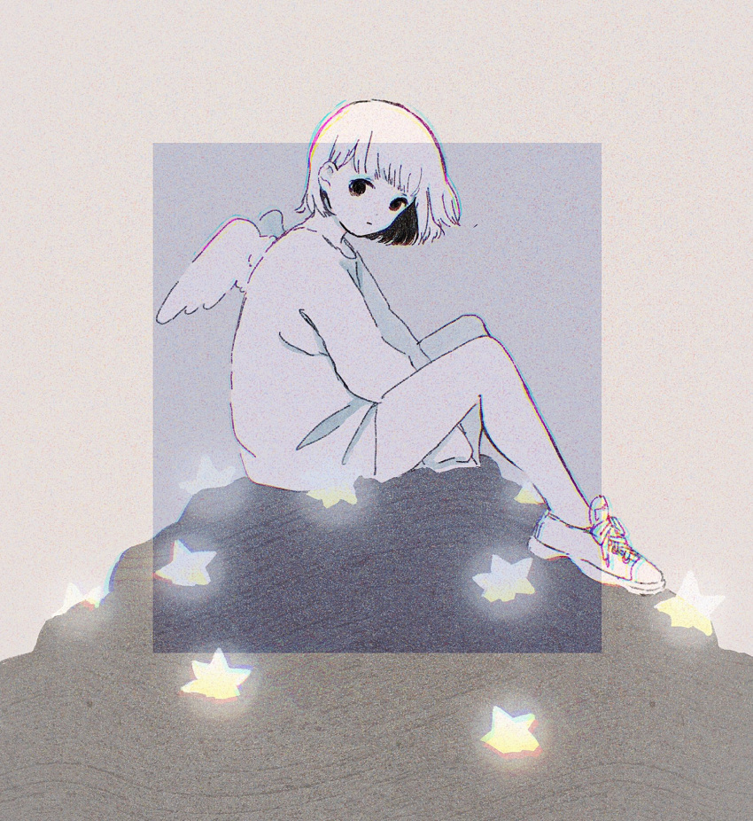 1girl angel_wings black_eyes chromatic_aberration expressionless feathered_wings glowing highres long_sleeves original shirt shoes short_hair sion_0d1m sitting solo star_(symbol) wings