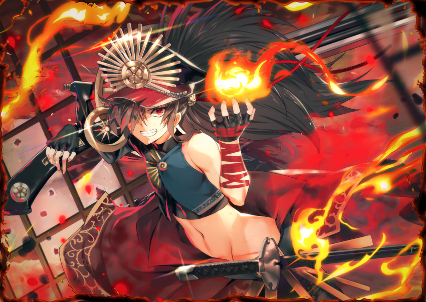 1boy bandages bangs bare_shoulders black_gloves black_hair clenched_teeth crop_top fate/grand_order fate_(series) fingerless_gloves fire gloves gun hair_between_eyes hands_up hat highres long_hair looking_at_viewer male_focus military_hat navel oda_kippoushi_(fate) oda_nobunaga_(fate)_(all) one_eye_covered over_shoulder red_eyes sidelocks sleeveless smile solo standing sword teddy_(khanshin) teeth upper_body weapon weapon_over_shoulder