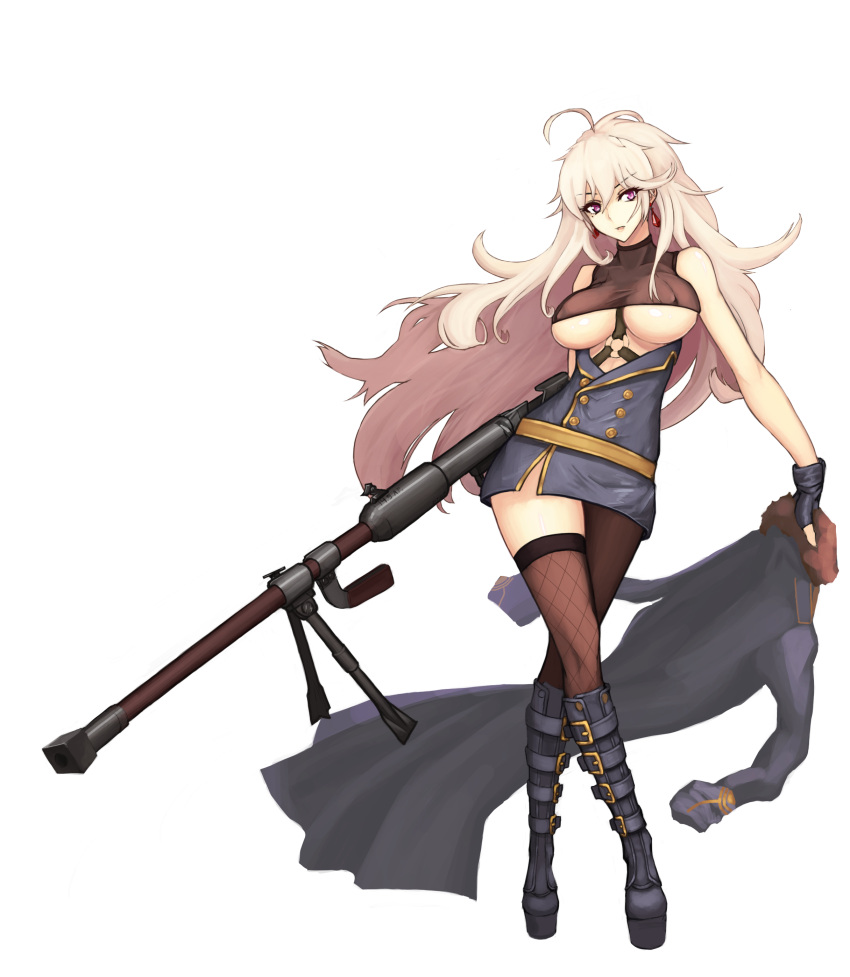 1girl absurdres alternate_costume anti-materiel_rifle black_footwear black_gloves black_legwear blonde_hair boots breasts closed_mouth coat coat_removed earrings eyebrows_visible_through_hair fingerless_gloves fishnet_legwear fishnets girls_frontline gloves gun highres holding holding_coat holding_weapon jewelry large_breasts long_hair looking_at_viewer ptrd-41 ptrd-41_(girls_frontline) rifle sniper_rifle solo standing thigh-highs violet_eyes weapon white_background x1_(pcbg123)