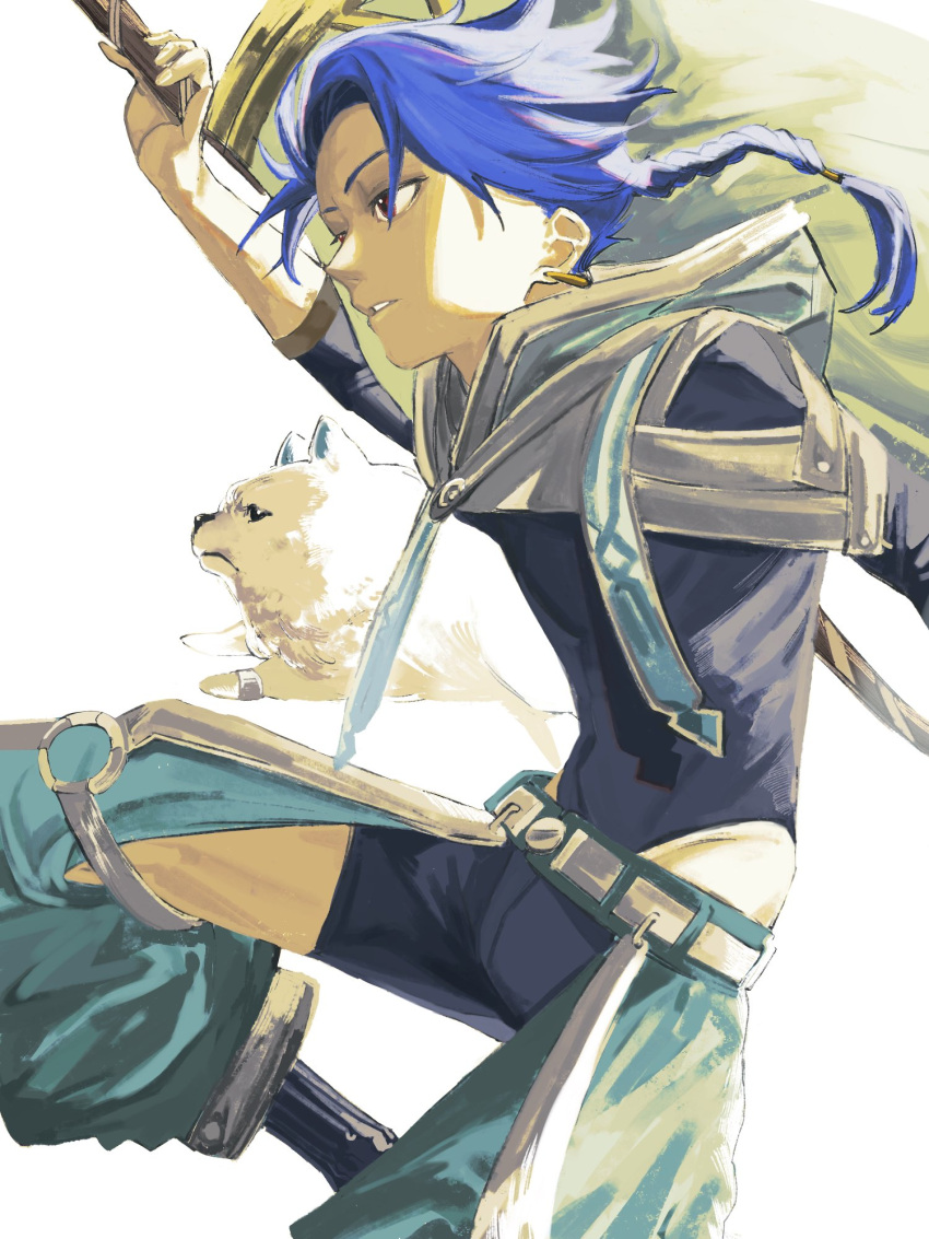 1boy 1other animal asymmetrical_bangs bangs belt blue_hair bodysuit_under_clothes braid braided_ponytail capelet child clothing_cutout cu_chulainn_(fate)_(all) dog earrings expressionless fate/grand_order fate/grand_order_arcade fate_(series) floating_hair from_side highres holding holding_staff hood hood_down hooded_capelet jewelry jumping long_hair male_focus ponytail puffy_pants puppy red_eyes setanta_(fate) simple_background spiky_hair staff tanuki11294 thigh_cutout white_background