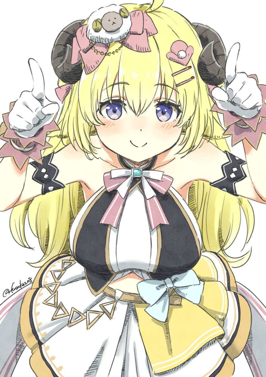 1girl absurdres ahoge animal_ears arm_garter blonde_hair blue_eyes blush bow breasts closed_mouth commentary cowboy_shot dress english_commentary eyebrows_visible_through_hair finger_horns fuusuke_(fusuke208) gloves hair_between_eyes hair_ornament hairclip highres hololive horns idol long_hair looking_at_viewer medium_breasts official_alternate_costume pink_bow sheep_ears sheep_hair_ornament sheep_horns simple_background smile solo striped striped_bow traditional_media tsunomaki_watame twitter_username virtual_youtuber white_background white_bow white_dress white_gloves wrist_cuffs