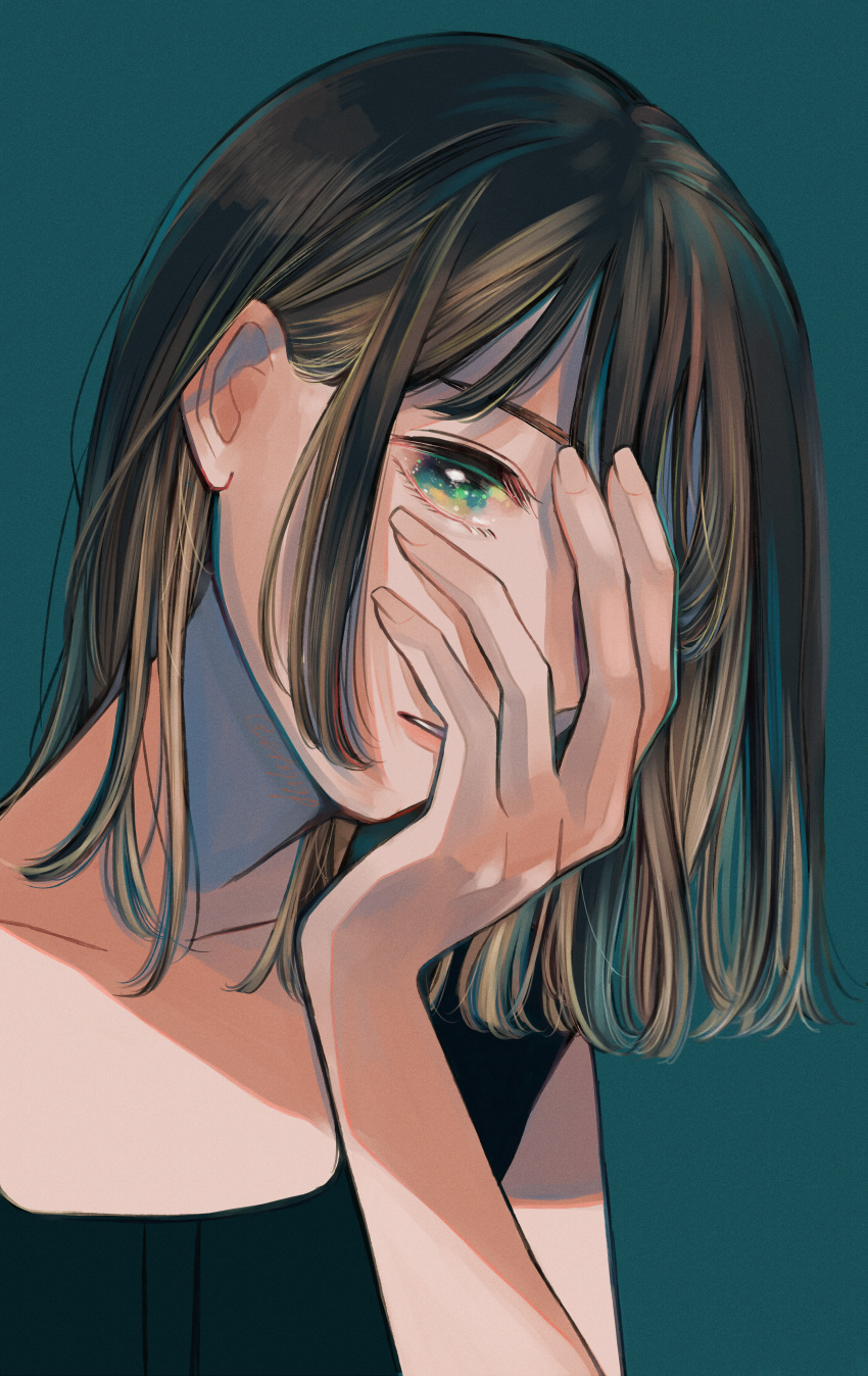 1girl absurdres aqua_background bangs black_shirt brown_hair covering_one_eye green_eyes hand_on_own_face hand_up highres huge_filesize original parted_lips richard_(ri39p) shadow shirt short_hair simple_background solo