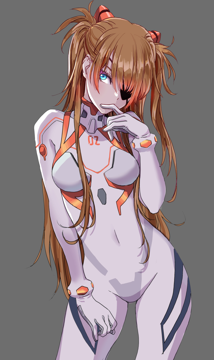 1girl absurdres bangs blue_eyes bodysuit breasts brown_hair covered_navel cowboy_shot evangelion:_3.0+1.0_thrice_upon_a_time eyepatch gloves gradient gradient_hair grey_background hair_ornament hand_up highres interface_headset long_hair long_sleeves looking_at_viewer medium_breasts multicolored multicolored_bodysuit multicolored_clothes multicolored_hair neon_genesis_evangelion orange_hair plugsuit rebuild_of_evangelion shikinami_asuka_langley shiny shiny_hair simple_background skin_tight solo souryuu_asuka_langley standing tied_hair turtleneck twintails white_bodysuit yamashita_shun'ya